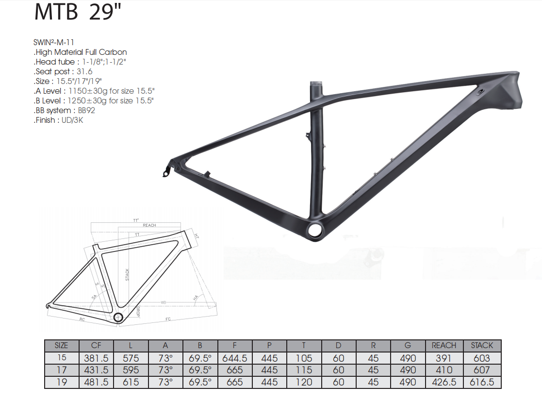 RINOS T800 carbon cykelstel til MTB hardtail letvægts